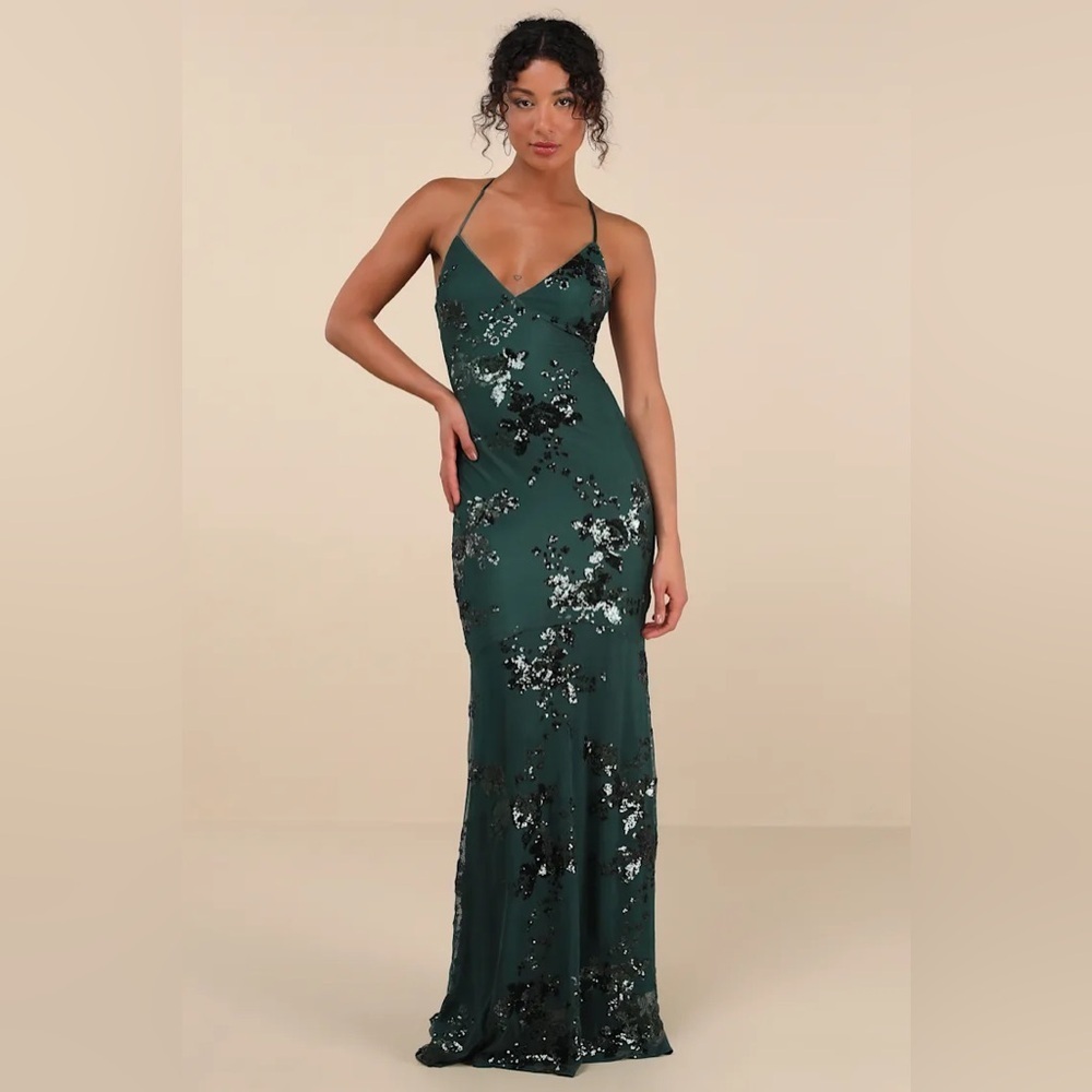 Lulus Valhalla Forest Green Sequin Lace-Up Maxi Dress